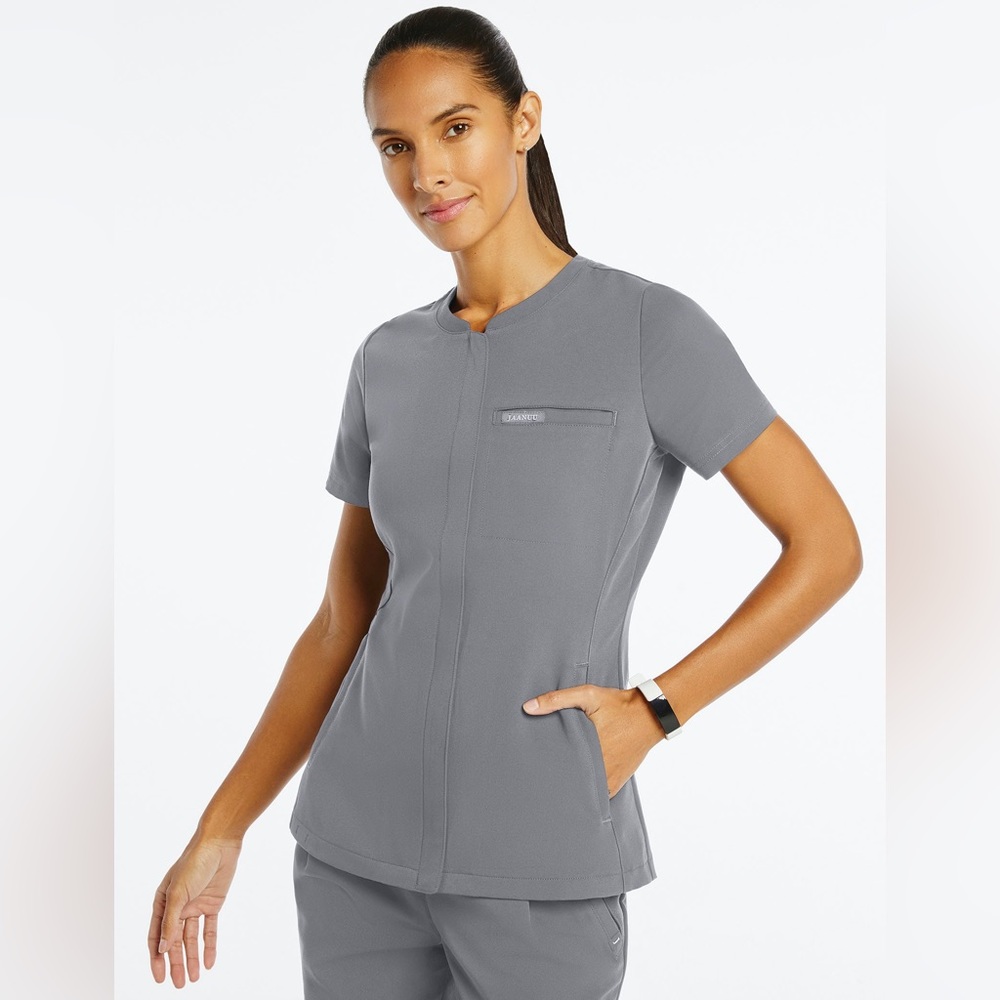 Jaanuu XS Women’s 3-Pocket Full Zip Scrub Top Light Gray